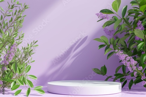 3D illustration of a mock up beautiful purple background Blank display for products that simulate a natural background, trees and soft lighting.