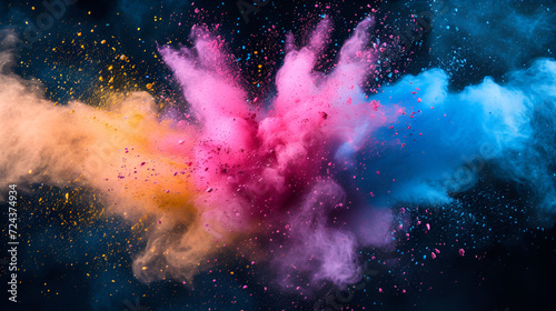 Explosion of colored powder on black background, generative ai © Saleem