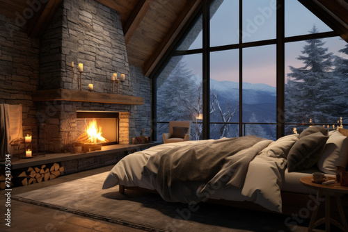 Luxurious cabin interior bedroom design with rustic accents and a roaring stone fireplace with winter scenic background. Photo realistic 3d model scene.