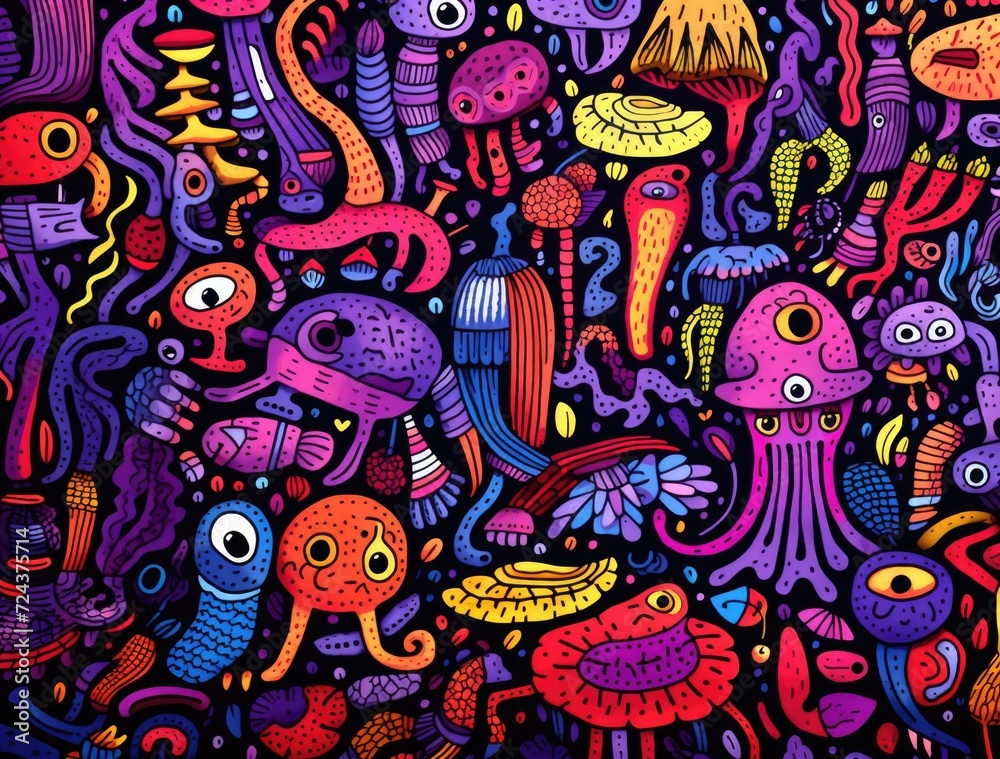 A colorful hand drawn doodle pattern with many different creatures. Generative AI. A colorful hand drawn doodle pattern with many different creatures. Generative AI.