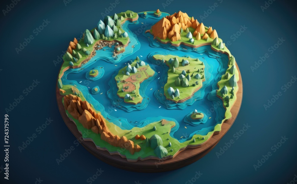 Fototapeta premium An illustration of a 3d world with a lake and trees. Generative AI.