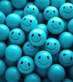 Many blue balls with smiley faces. Generative AI.