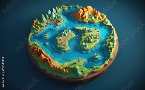 An illustration of a 3d world with a lake and trees. Generative AI.