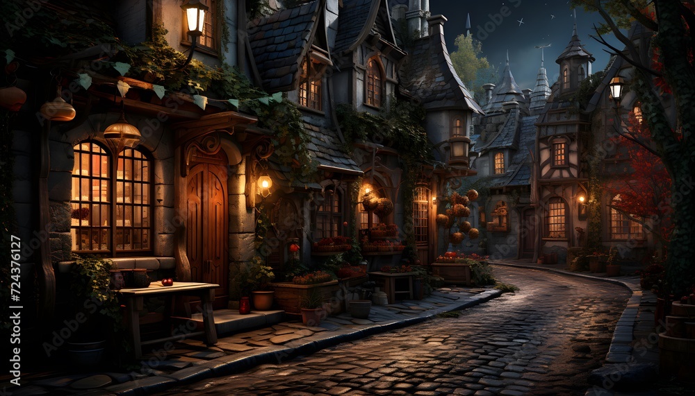 Halloween night in the old town. Panoramic image.