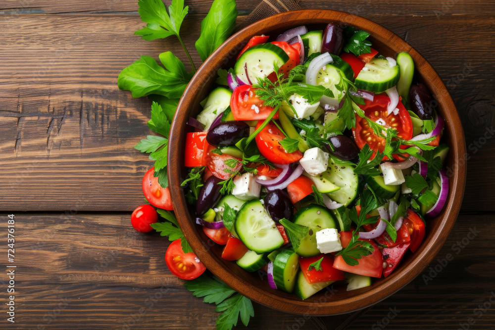 Top view of healthy delicious vegetable salad on a wooden table background, fresh natural green leaves mix salad, high fiber and vitamin, Healthy food concept. Top view of healthy delicious vegetable salad on a wooden table background, fresh natural green leaves mix salad, high fiber and vitamin, Healthy food concept.