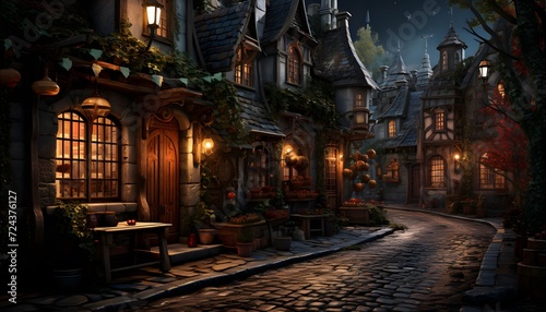 Halloween night in the old town. Panoramic image. © Iman