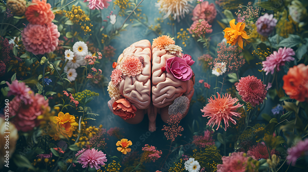 The human brain with spring colorful flowers. Concept, a colorful icon ...