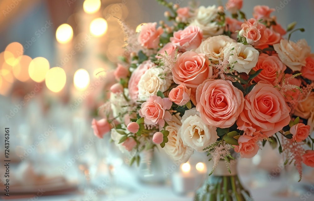 gorgeously set wedding table against the banquet hall backdrop, with flowers and decorations in the foreground.