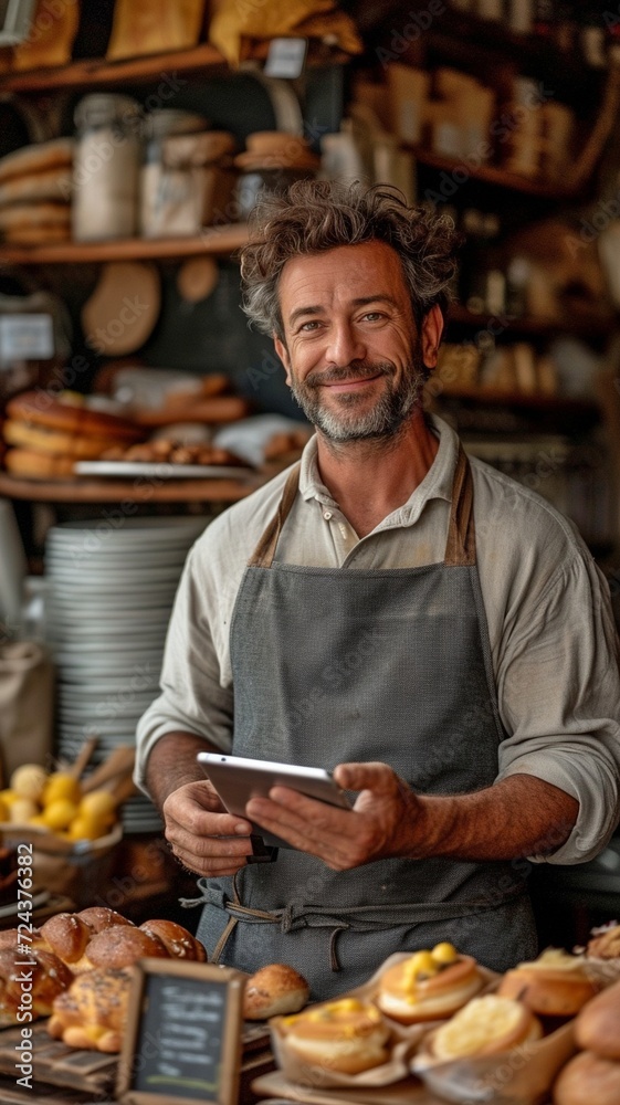 Using a smart tablet to organise inventory orders, the proprietor of a small café and bakery