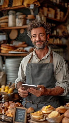 Using a smart tablet to organise inventory orders  the proprietor of a small caf   and bakery