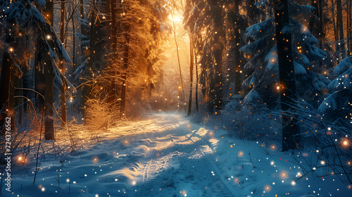 free area in winter glittering magic woods, snowy forest, and fir branches, Generative AI  © Saleem