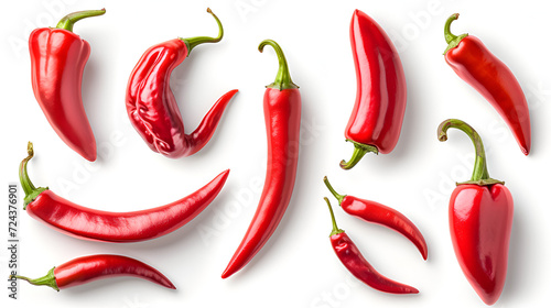 Set of fresh whole red chili pepper isolated on white background, generative ai