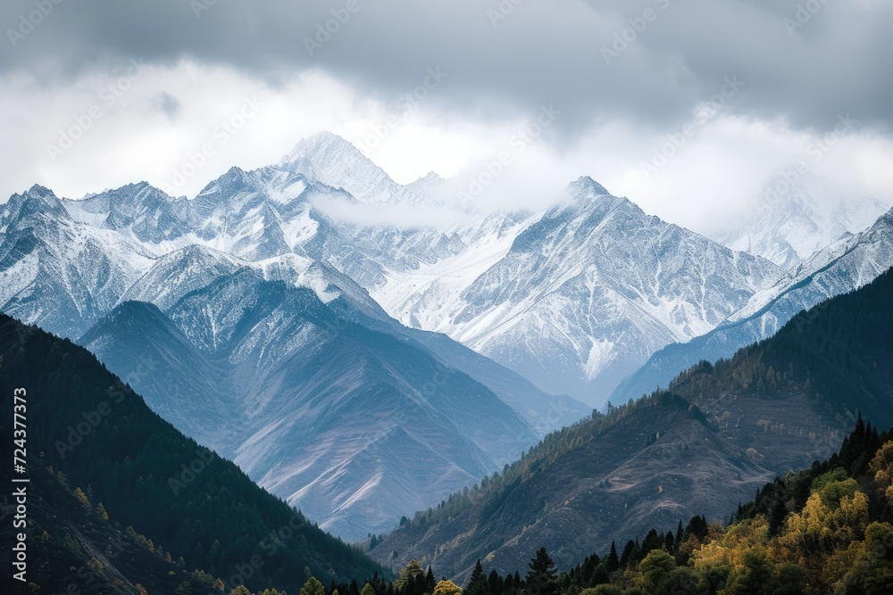 Mountain landscape of snow-capped mountains.