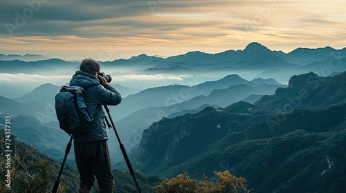 Professional photographer taking picture with modern camera in mountains.