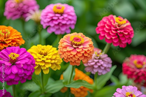 In a flower bed in a large number various zinnias grow and blossom. photo