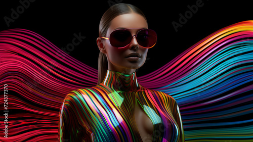 fashion cover, model in colorful striped latex outfit in sunglasses on black and neon background