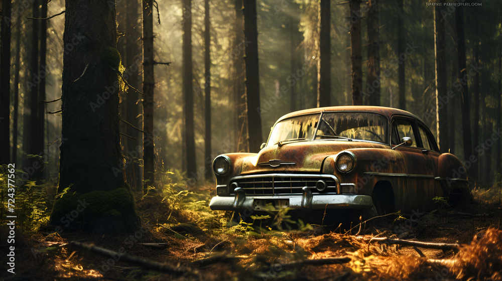 An old car, in the open air, covered with a thick layer of rust, stands on the edge of the forest and behind you can see a highway surrounded by a mixed forest, under bright sunlight.