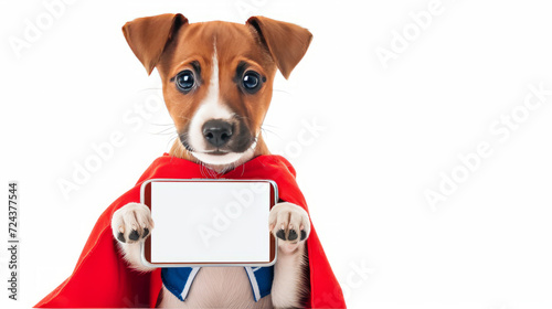 Funny jack russell terrier puppy wearing superhero costume shows big smartphone with white blank screen in it paw. Isolated on white background © Matan