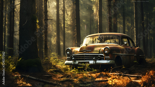 An old car, in the open air, covered with a thick layer of rust, stands on the edge of the forest and behind you can see a highway surrounded by a mixed forest, under bright sunlight.