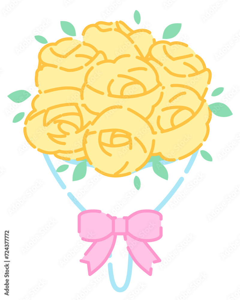 Obraz premium 黄色いのバラの花束のイラスト(ピンクリボン)