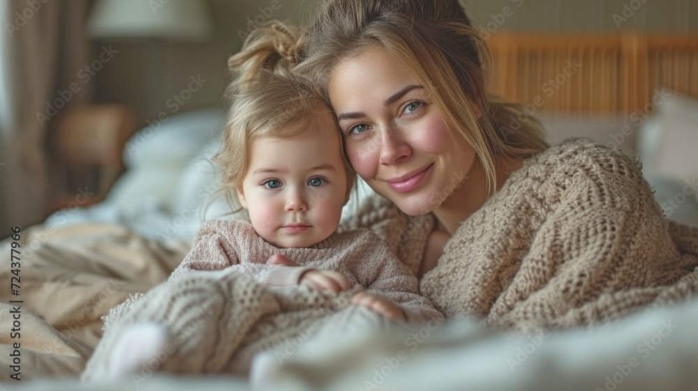 a mother cuddling up in bed with her young daughter, both of them playing games while they relax in bed on the weekends. a mother cuddling up in bed with her young daughter, both of them playing games while they relax in bed on the weekends.