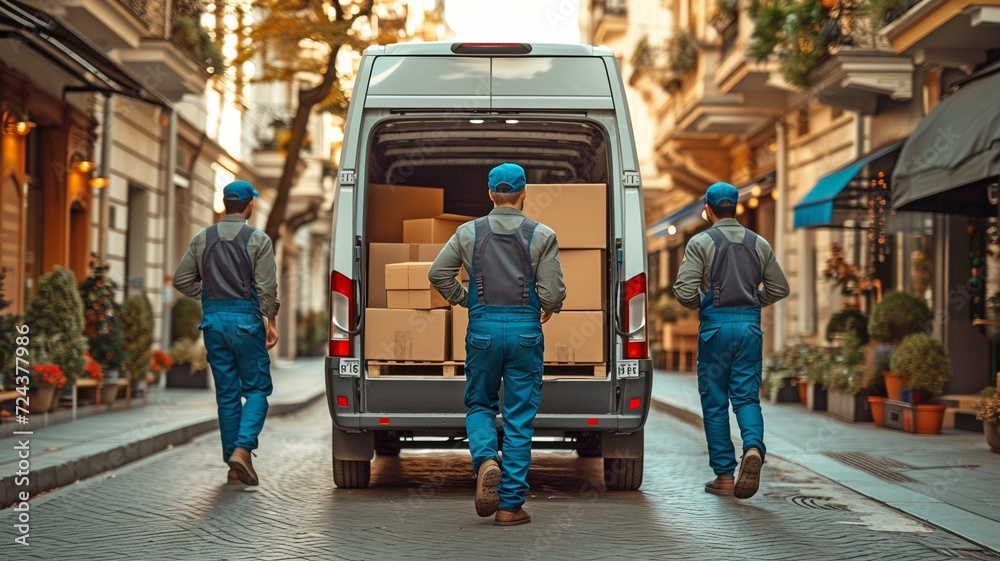 Moving assistance In an example of cooperation and teamwork, workers unload goods from a vehicle. Uniformed delivery guys moving goods