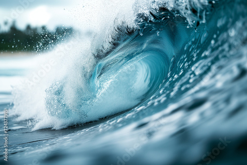Close up crystal clear water splashes an epic barrel wave, Beautiful deep blue tube wave in the Ocean.