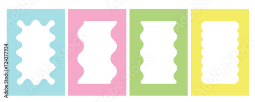 Psychedelic retro wavy frame. Rectangle groovy border with scallop edge. Vector doodle squiggle aesthetic banners. Funky geometric abstract shapes for post and story. Y2k cute decoration