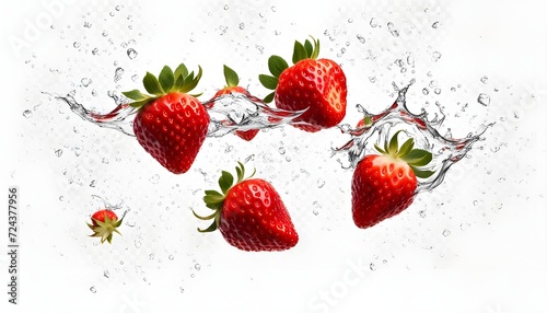 Red ripe fresh strawberries splashing in fresh water isolated on white background