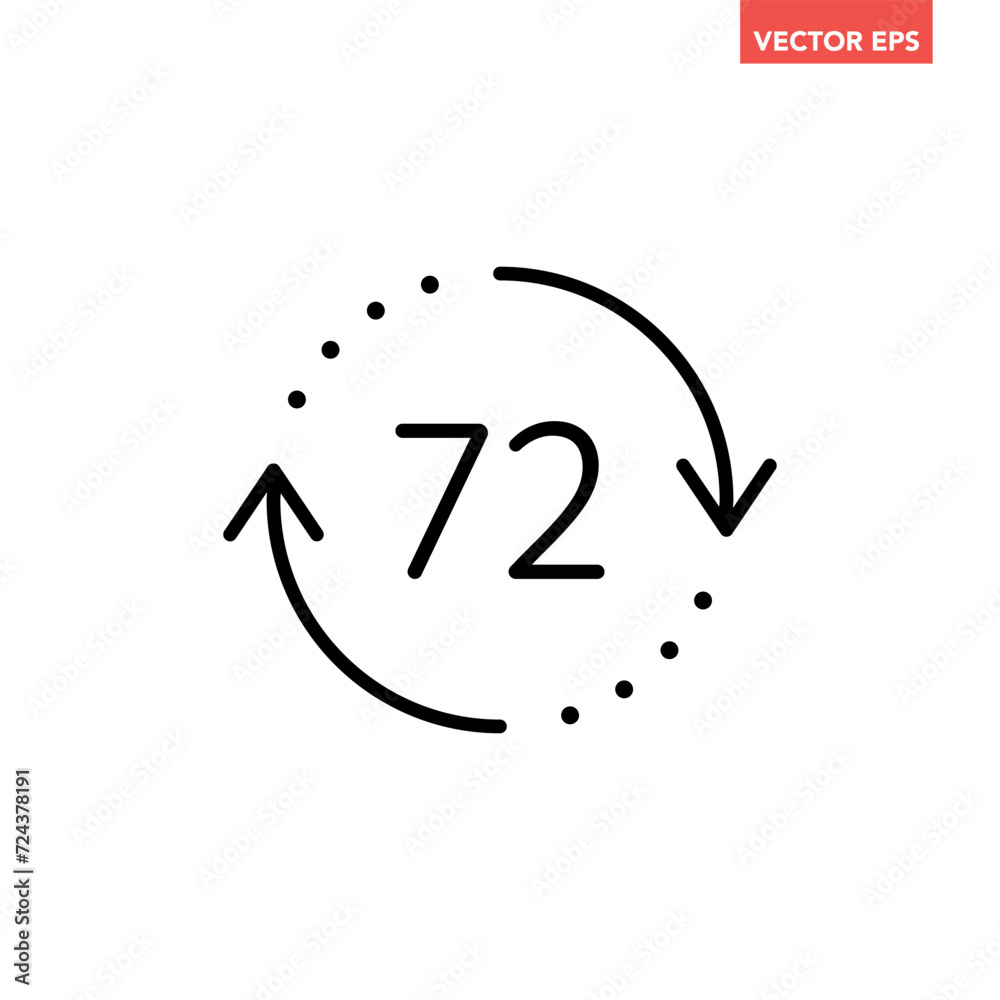 Black round up to 72 hrs work time effect line icon, simple 3 days fast shipment work arrow flat design vector pictogram, interface elements for app logo web button ui ux isolated on white background Black round up to 72 hrs work time effect line icon, simple 3 days fast shipment work arrow flat design vector pictogram, interface elements for app logo web button ui ux isolated on white background