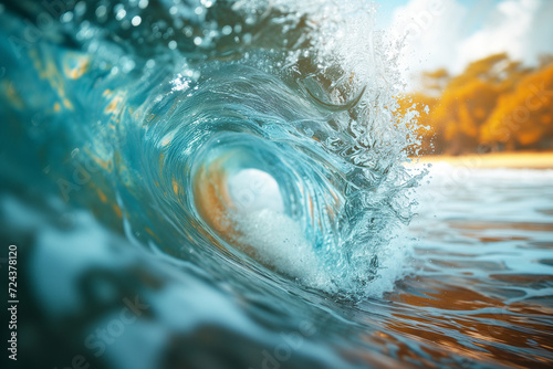 Close up crystal clear water splashes an epic barrel wave, Beautiful deep blue tube wave in the Ocean. photo