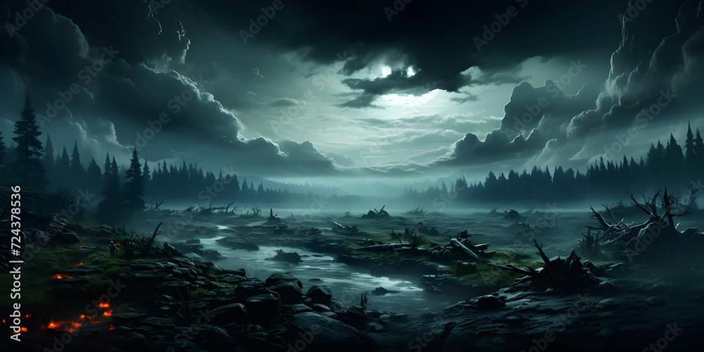 Dark sky with clouds over forest