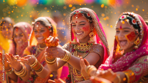 Holi festival. Group of young women laughing and playing during Holi, their traditional Indian outfits and jewelry complementing the festival's vivid colors.