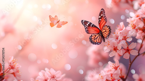 Spring banner background with pink blossom and flying butterfly, generative ai © Saleem