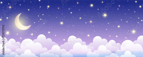Night sky background. Starry dark gradient space. Crescent moon and clouds dreamy scene. Vector cute landscape panorama. Magic midnight illustration