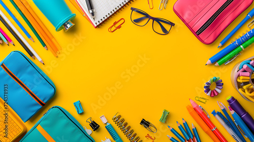 Top view of bright colorful various stationery on yellow background, generative ai photo