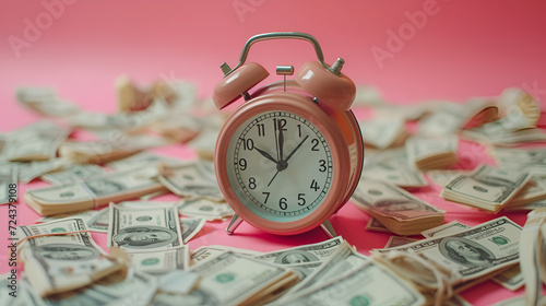 Time is money concept on pink background. Alarm clock. generative ai