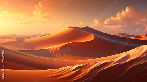 Rippling sand dunes in a desert, sculpted by the wind and bathed in the golden hues of sunset