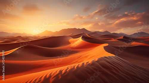 Rippling sand dunes in a desert, sculpted by the wind and bathed in the golden hues of sunset