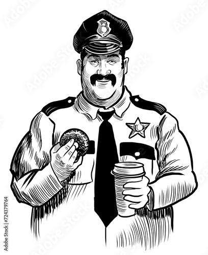 American police officer eating donut and drinking coffee.