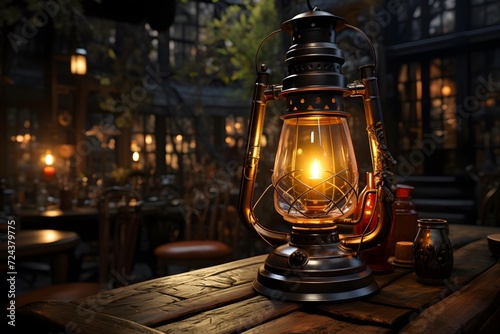 Lantern on a wooden table in a pub. 3d rendering