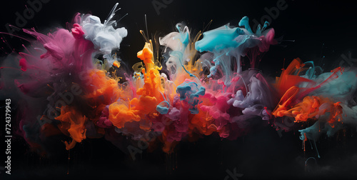 multicolored vivid smoke plumes coalescing together into one big puff; wide background isolated on black photo