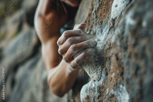 Close-up View of Woman Climber's Hand Gripping Rocky Edge photo