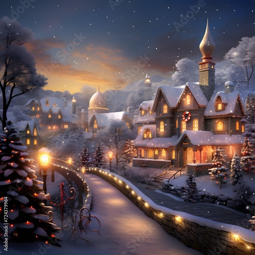 Christmas night in the village. Winter landscape. 3D illustration.