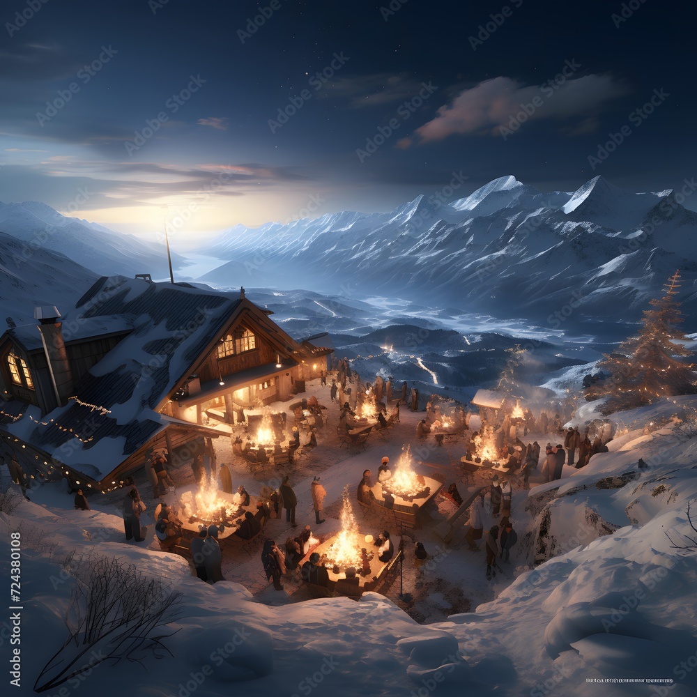 Winter night in the swiss alps, 3d render illustration