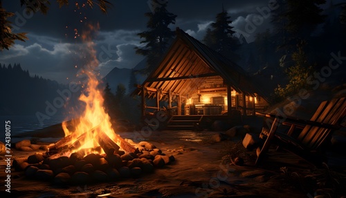 Night scene with a bonfire in the mountains. 3d rendering
