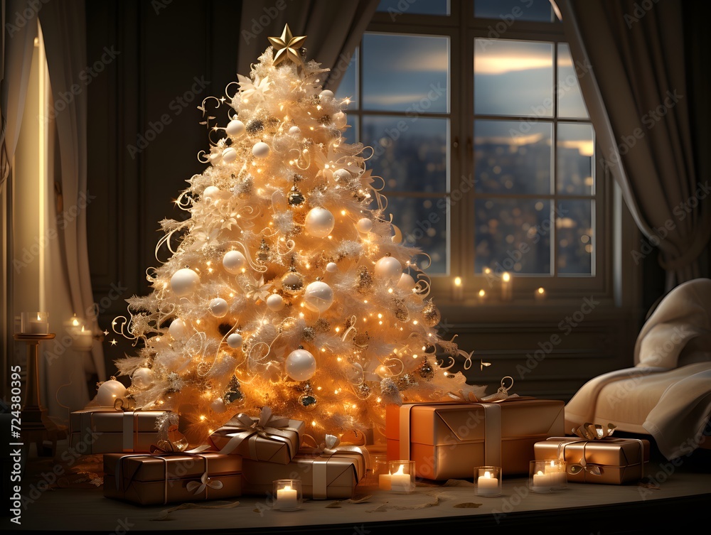 Christmas tree with gifts on the windowsill. 3d illustration.