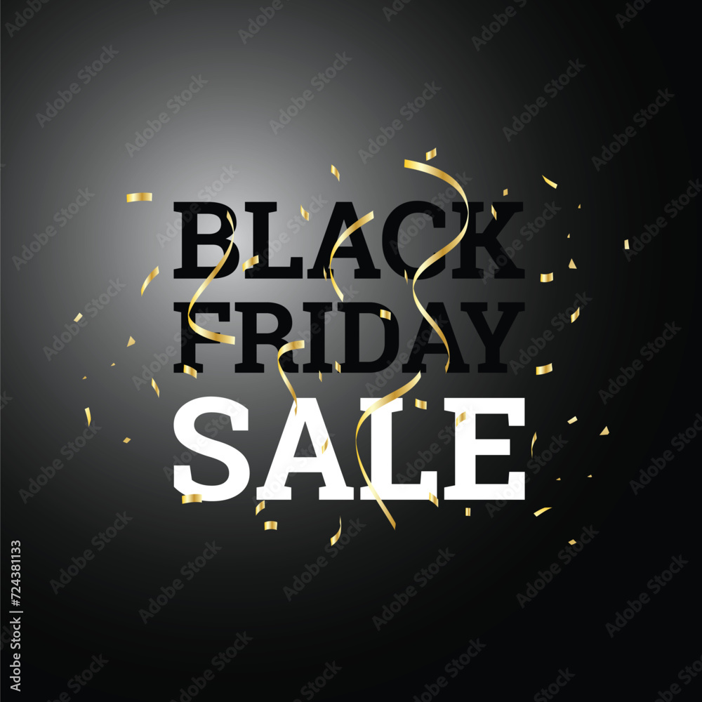 Black Friday Sale text calligraphy banner vector design with golden ribbons and confetti shiny on dark background. Black Friday Sale text calligraphy banner vector design with golden ribbons and confetti shiny on dark background.