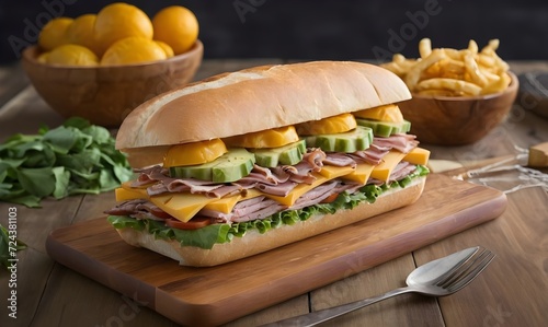 A sub sandwich sitting on top of a cutting board photo