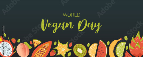 World vegan day. Banner in cartoon style. A Horizontal border of fresh tropical exotic fruits, harvesting. Fresh lemon, lime, watermelon, pitahaya dragon, star fruit, papaya, mango kiwi. Peach Fuzz.
